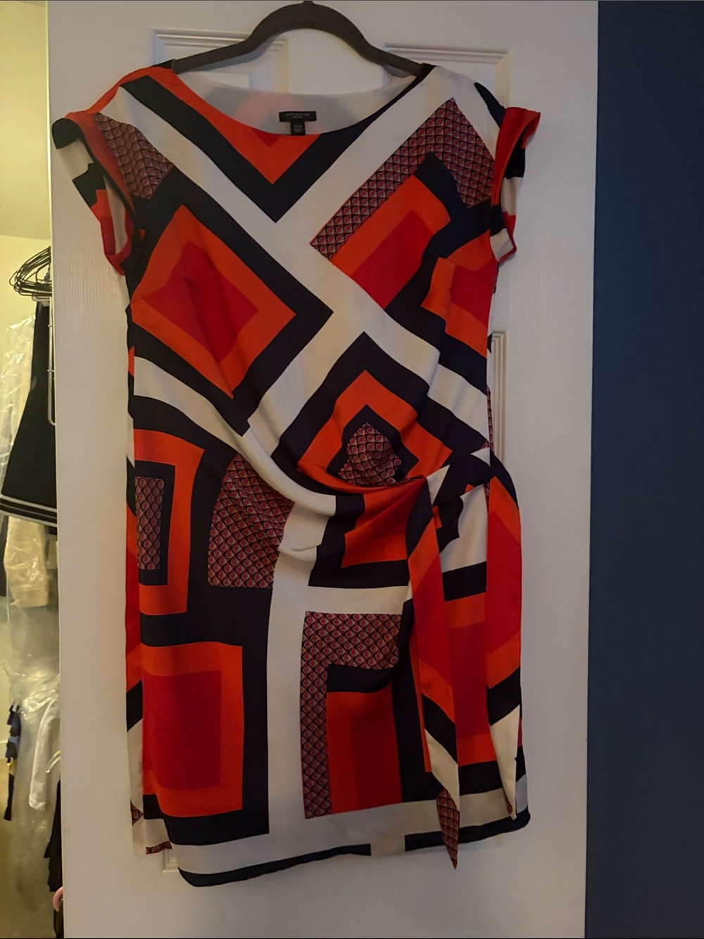 Ann Taylor Red & Navy Geometric Twist-Waist Mini Dress